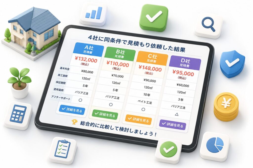 シロアリ駆除4社に同条件で見積もり依頼した結果と対応比較