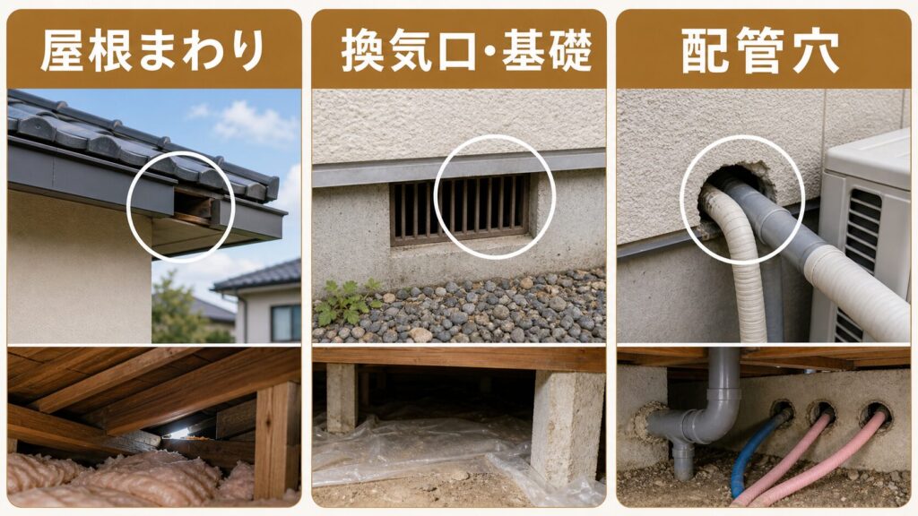 屋根まわりや換気口や配管穴などネズミが侵入しやすい箇所の図解
