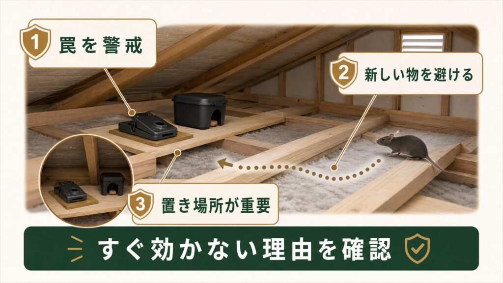 クマネズミが罠や毒餌を警戒して避ける様子のイメージ