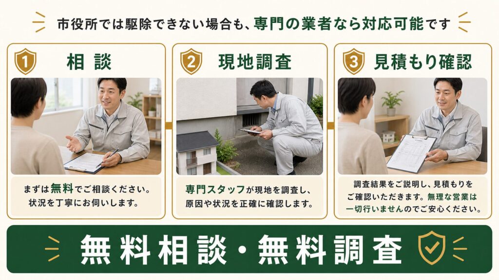 専門業者の無料相談から現地調査と見積もり確認へ進む流れの図解
