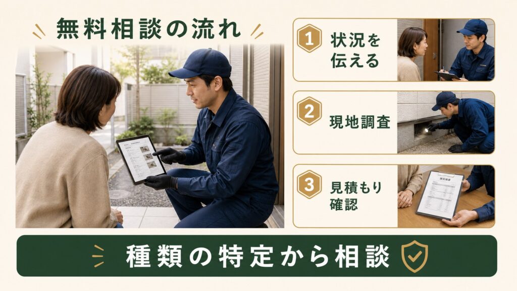 ネズミ駆除の無料相談から現地調査と見積もり確認までの流れのイメージ