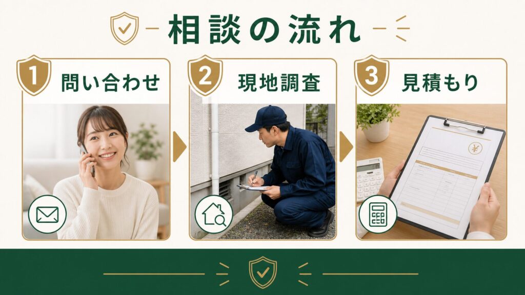 問い合わせから現地調査・見積もりまでの相談の流れを示す図解