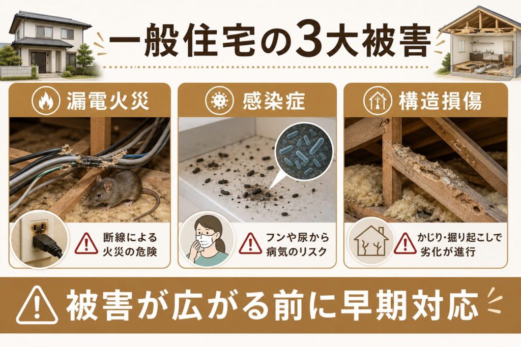 ネズミを放置した場合の漏電・衛生被害のリスクを示すイメージ