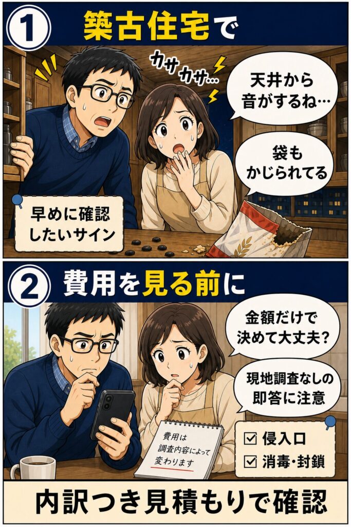 4コマ漫画:家庭菜園の被害に気づく家族・業者に相談して安心する家族(PC版)