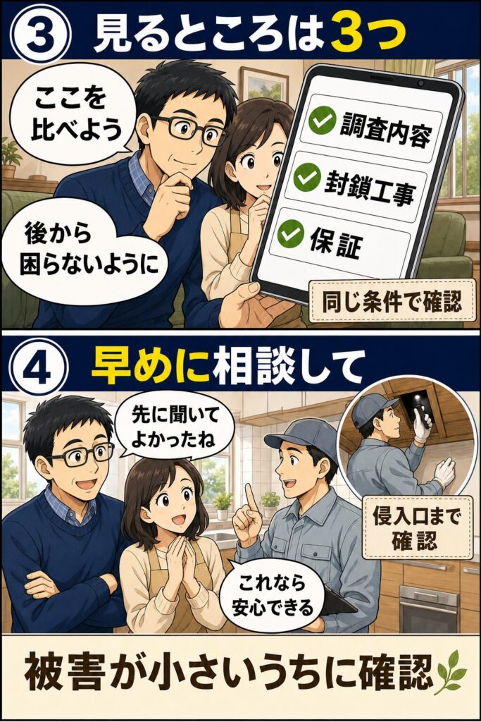 4コマ漫画:家庭菜園の被害に気づく家族・業者に相談して安心する家族(SP版)