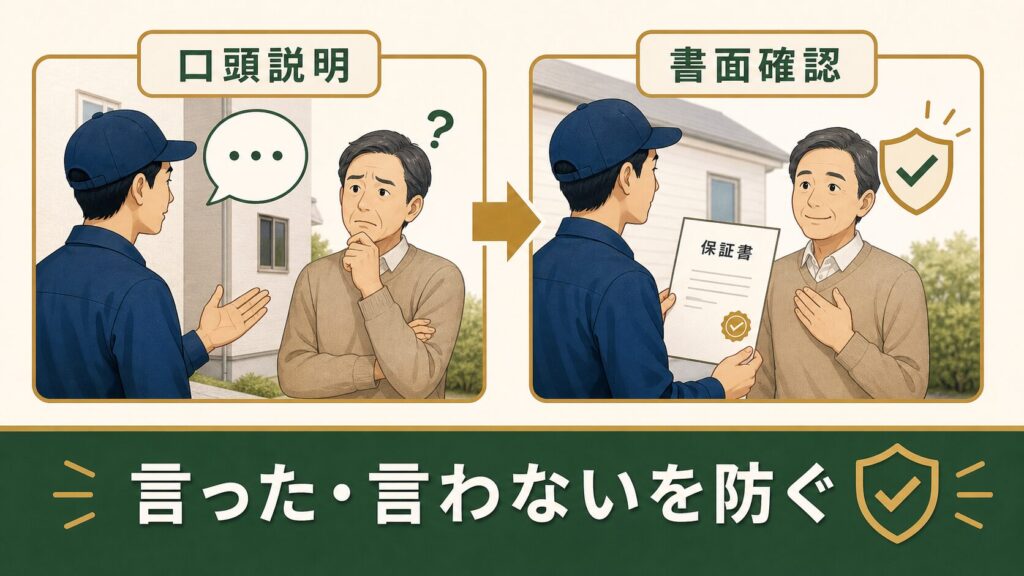 口頭説明と書面確認の違いを示す図解