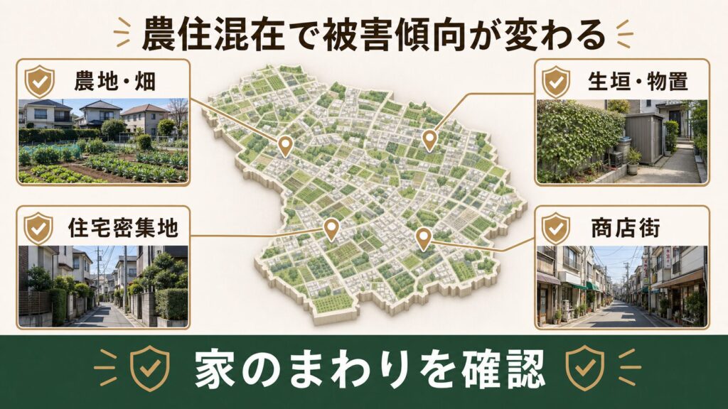 練馬区の畑と住宅街が隣り合う風景のイメージ