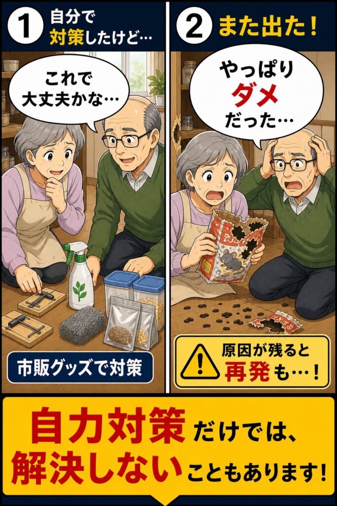 自力でのネズミ対策を表す4コマ漫画(1コマ目)