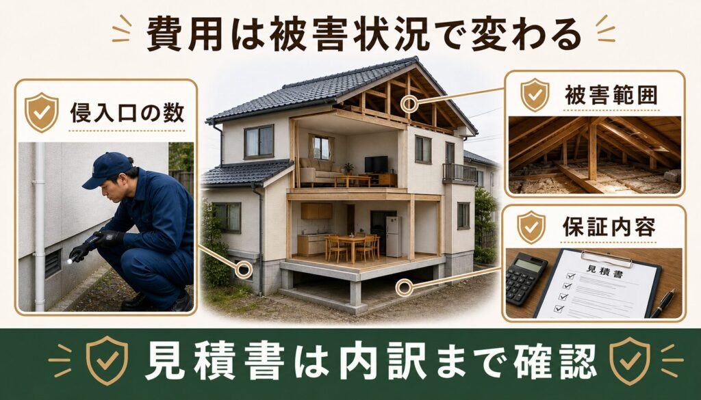 ハクビシン駆除費用が侵入口の数・被害範囲・保証内容で変わることを示すイメージ