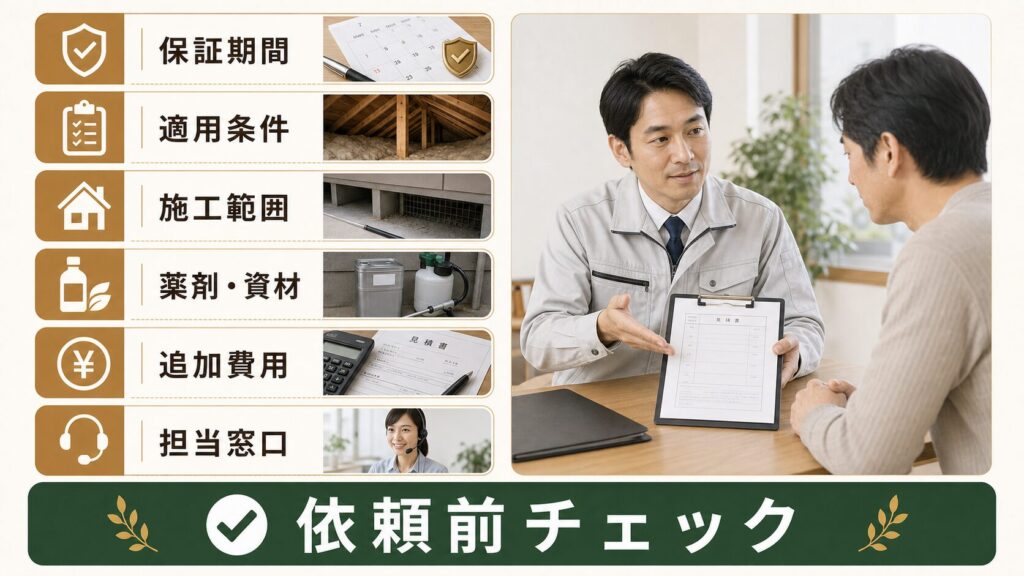 保証期間・適用条件・施工範囲など依頼前チェック項目と、担当者が見積書を依頼者に説明している様子