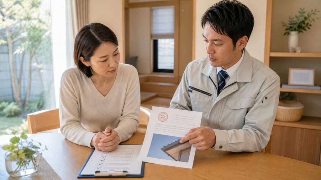 駆除業者が保証書の内容を施主と一緒に確認するイメージ