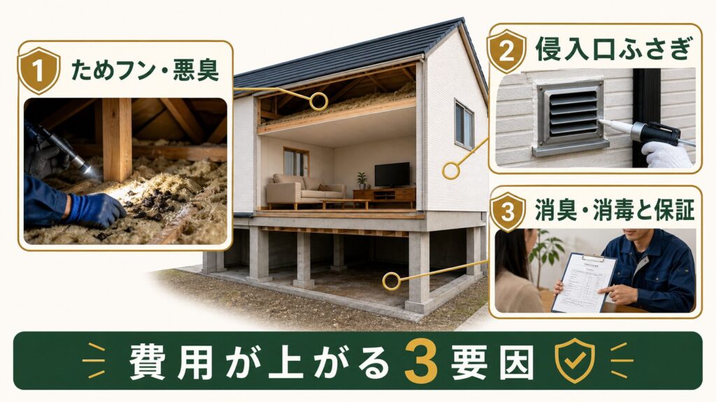 イタチ駆除の費用が上がる3要因のイメージ