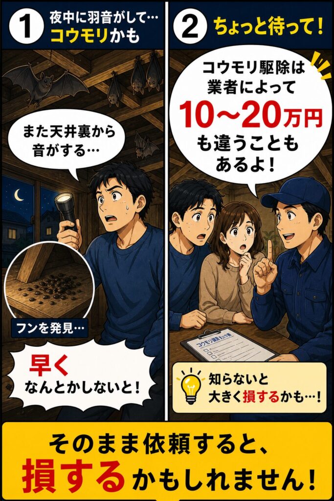 安さだけで選んで再発し、結局高くつくコウモリ駆除を描いた4コマ漫画①