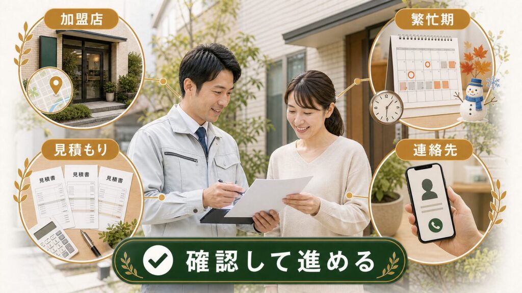 害獣BUZZ利用前に確認したいポイント(加盟店・見積もり・繁忙期・連絡先)のイメージ