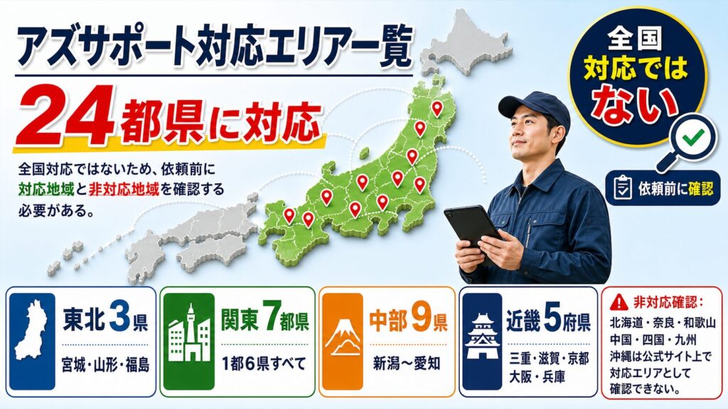 アズサポートの対応エリアが東北・関東・中部・近畿の24都県で、全国対応ではないことを示す図解