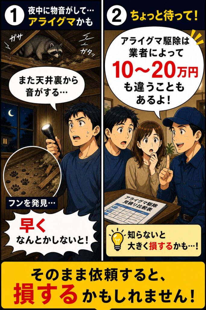 夜中の物音でアライグマ被害に気づき、業者によって駆除費用が10万円以上違うことを伝える4コマ漫画(1/2)