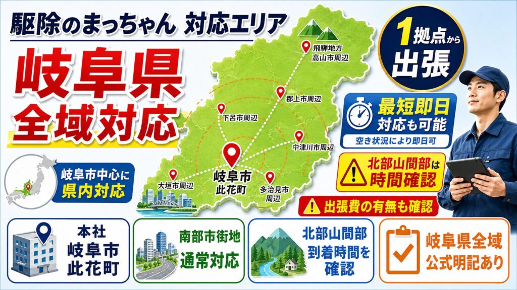 駆除のまっちゃんの対応エリア地図:岐阜市を中心に岐阜県全域対応、最短即日対応可能、北部山間部は時間確認が必要な旨を示す図解