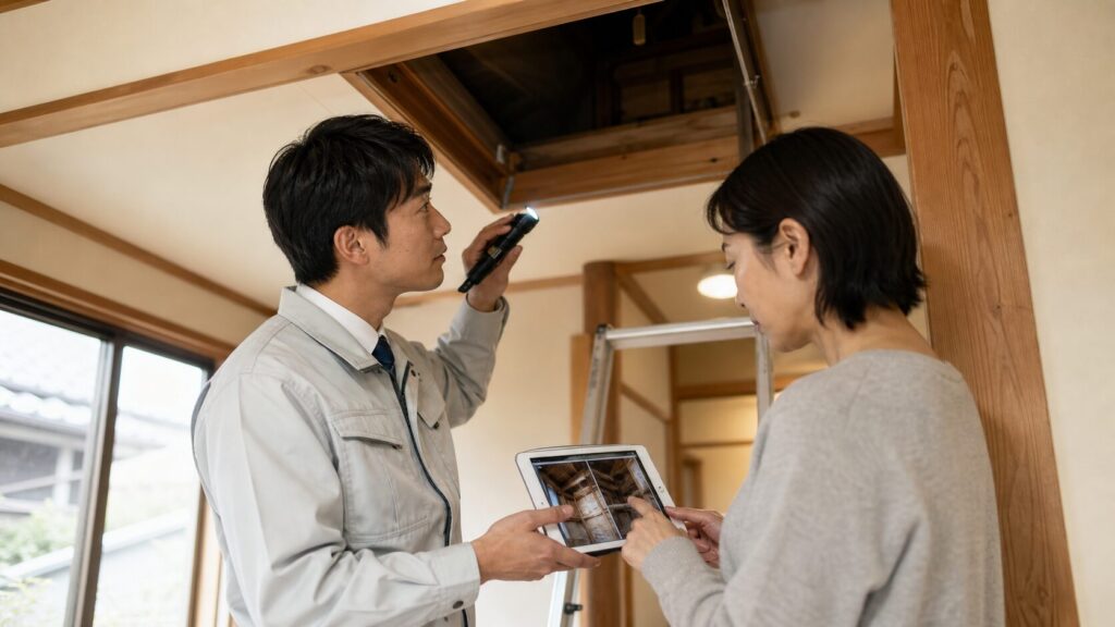 ハクビシン被害の現地調査で屋根裏を確認するイメージ