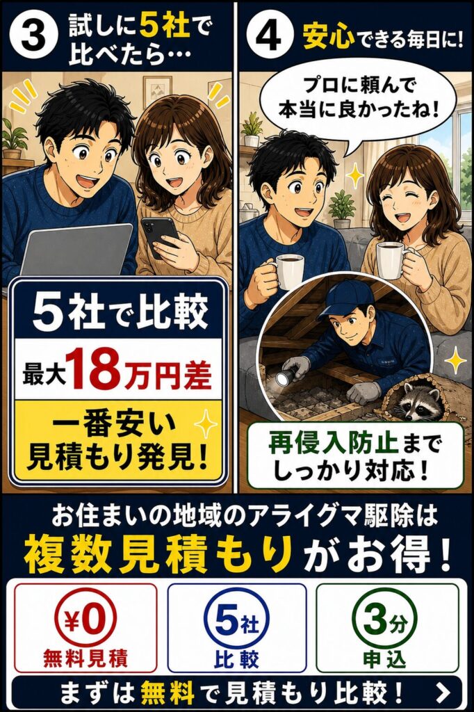 アライグマ被害と業者選びの注意点を伝える4コマ漫画（3〜4コマ目）