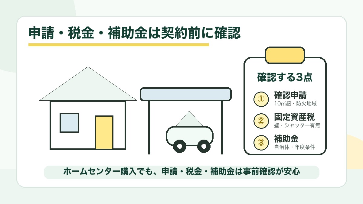 カーポート設置前に建築確認申請・固定資産税・補助金を確認するイラスト