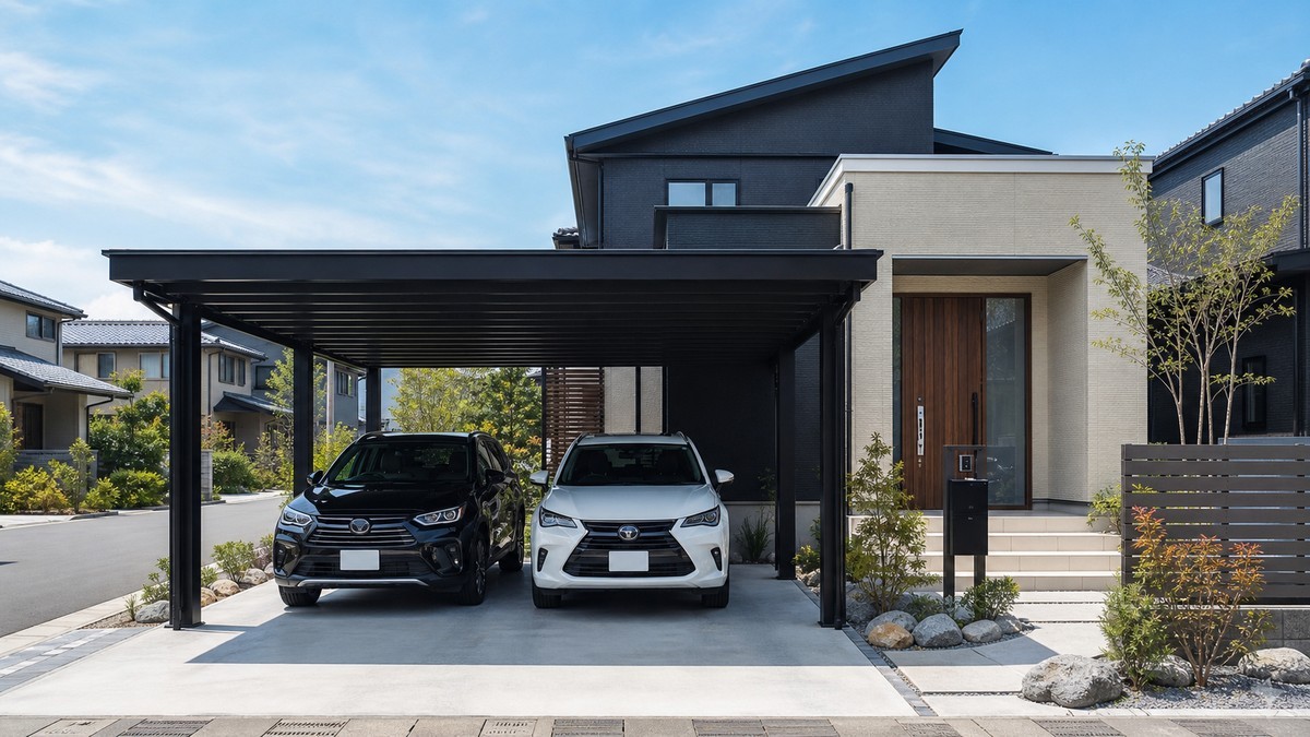 カーポート2台の工事後に土間コンクリートと駐車スペースが整った完成イメージ
