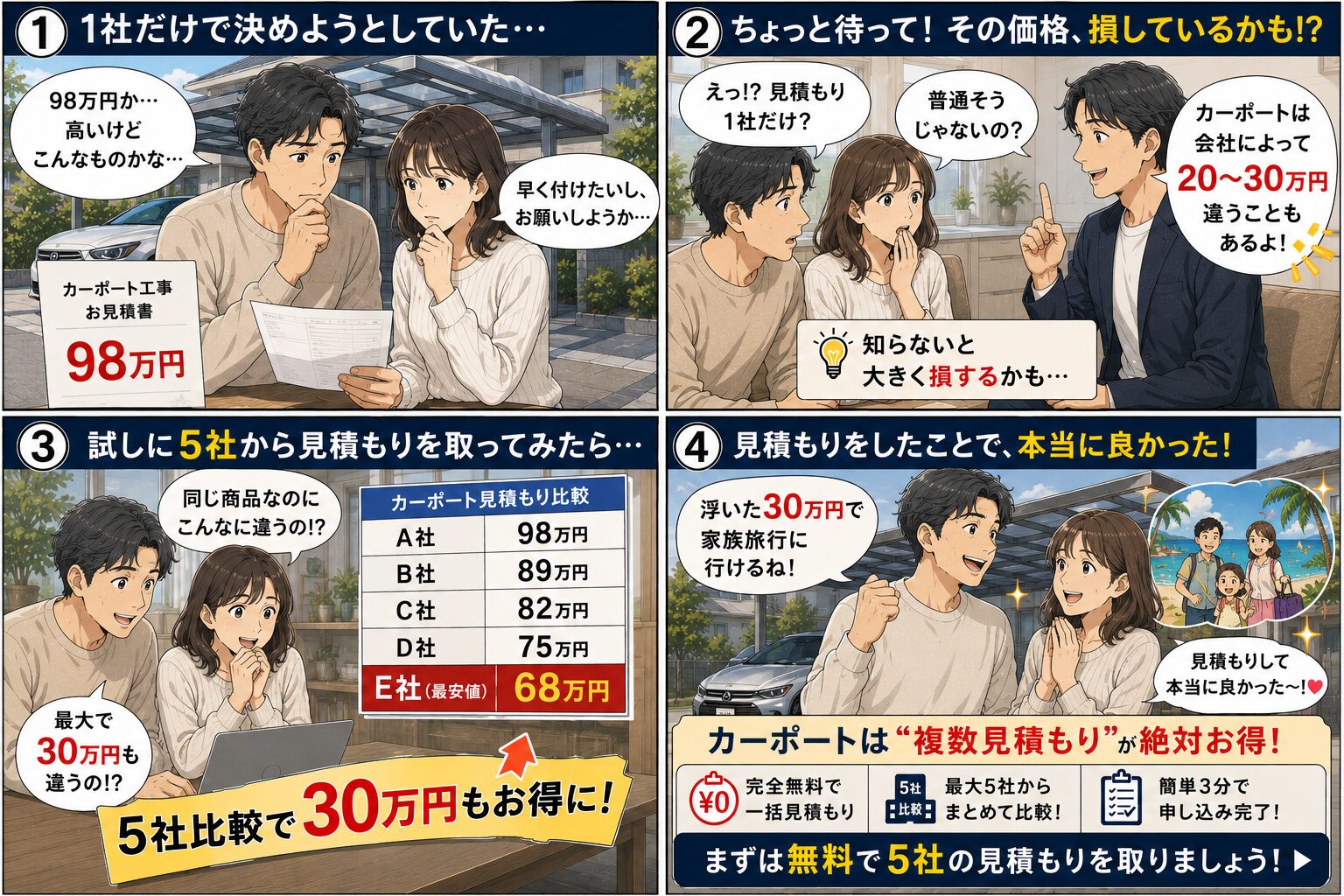 カーポート見積もりを1社だけで決めると損をする4コマ漫画