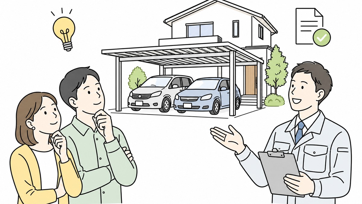 カーポート2台の見積もりや業者選びを専門家に相談するイラスト