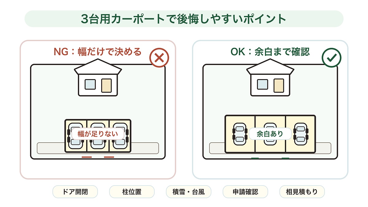 カーポート3台で後悔しやすい幅不足と余白確認を比較するシンプルイラスト