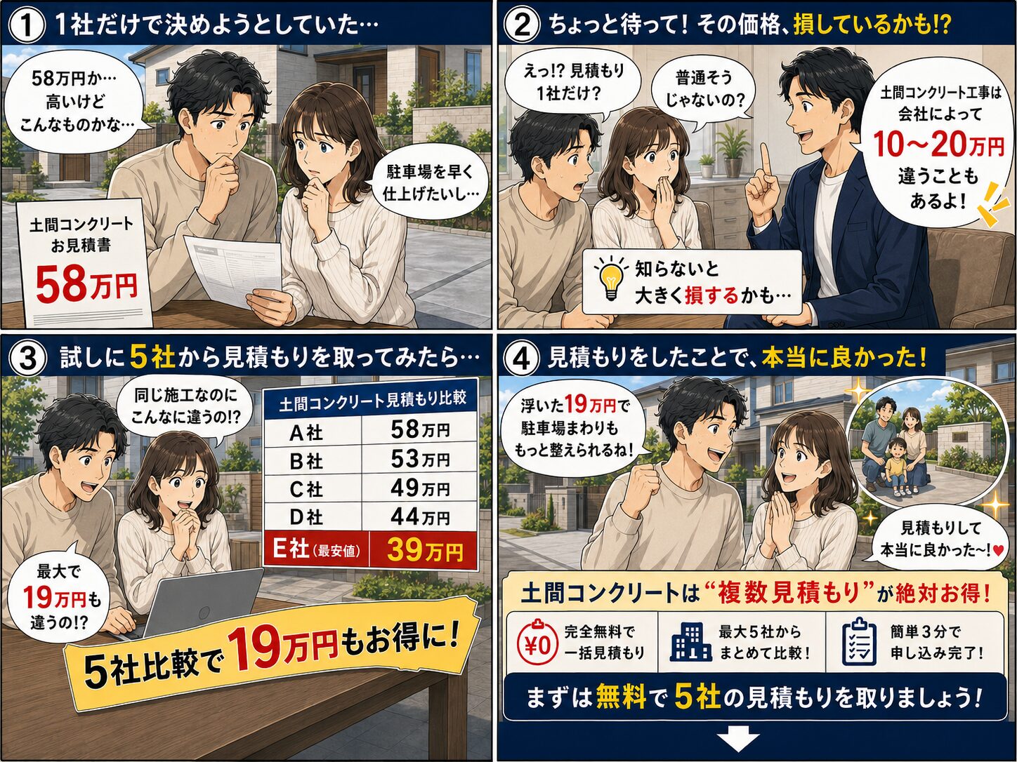 愛媛の土間コンクリート工事を1社だけで決めると損をする漫画