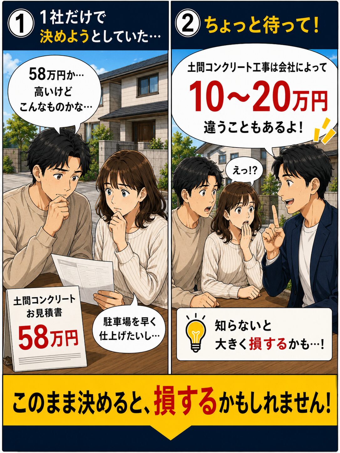 愛媛の土間コンクリート工事を1社だけで決めると損をする漫画(1)