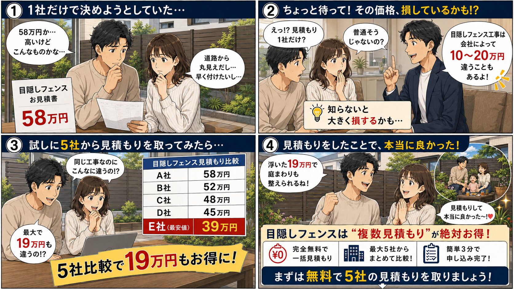 大阪府の目隠しフェンス工事を1社だけで決めると損をする漫画