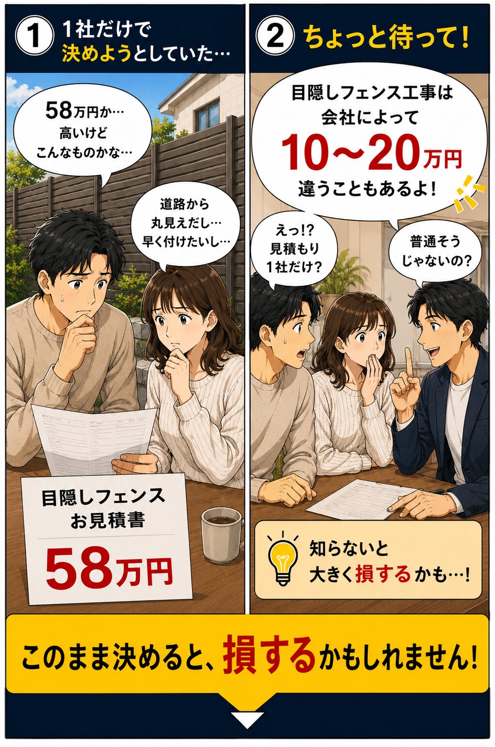 大阪府の目隠しフェンス工事を1社だけで決めると損をする漫画(1)