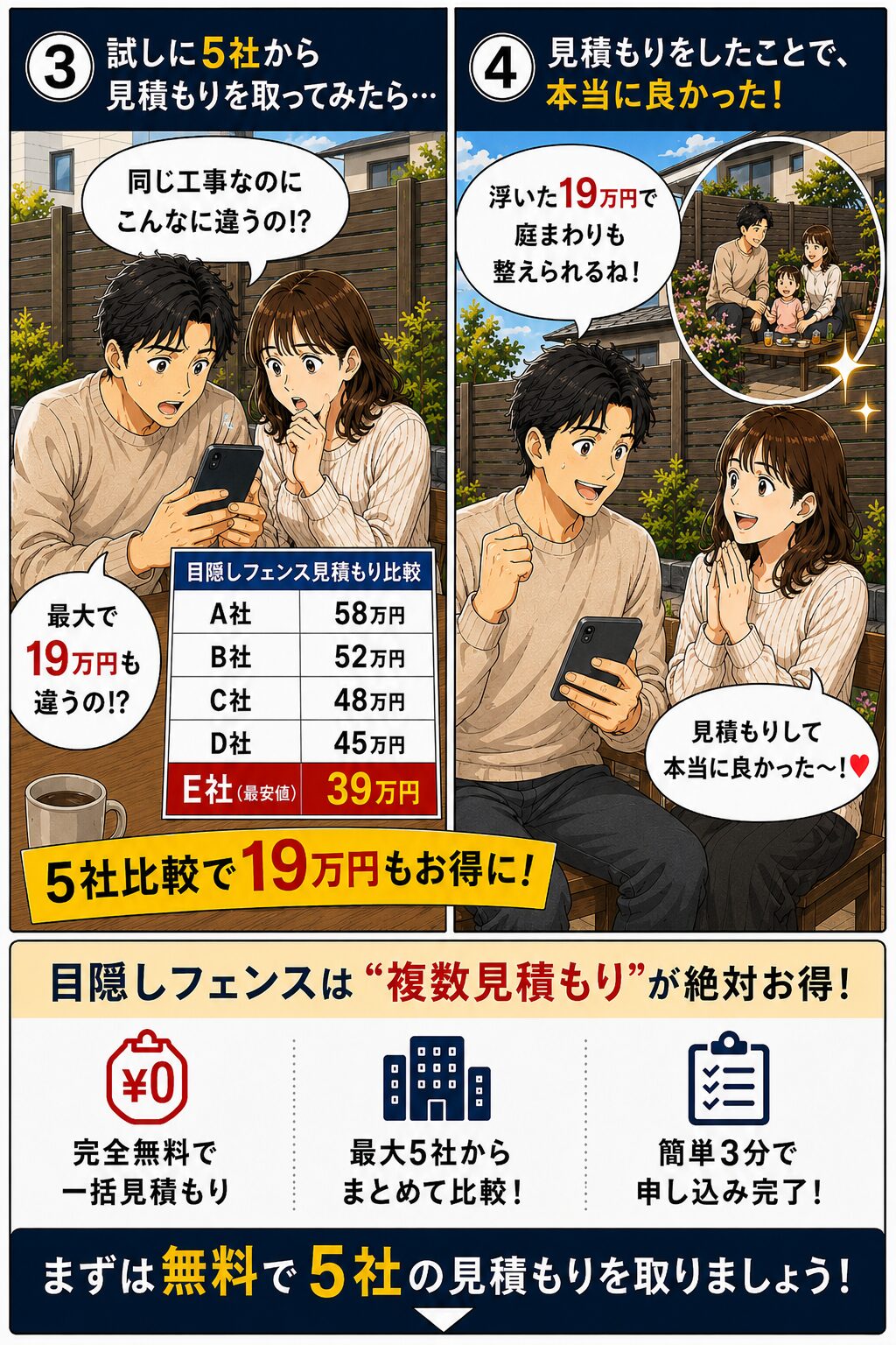 大阪府の目隠しフェンス工事を1社だけで決めると損をする漫画(2)