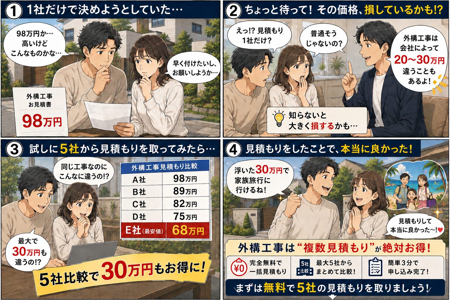 外構工事を1社だけで決めると損をする4コマ漫画