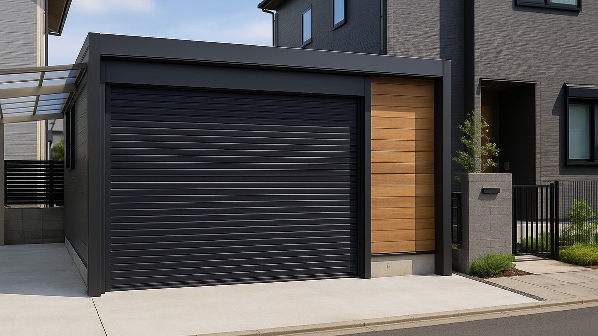 ガレージ2台のスチールや木目など素材感と種類を比較しやすい施工例