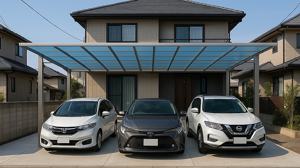 ポリカーボネート屋根のカーポート交換費用を考えるための3台用施工イメージ