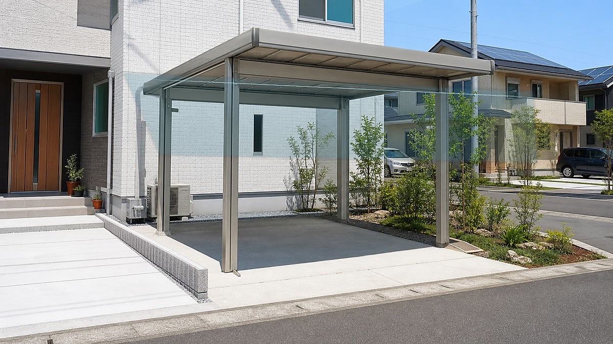 半透明ブルーのポリカーボネート屋根と清潔感のある住宅外観が分かる失敗防止用カーポート施工例写真