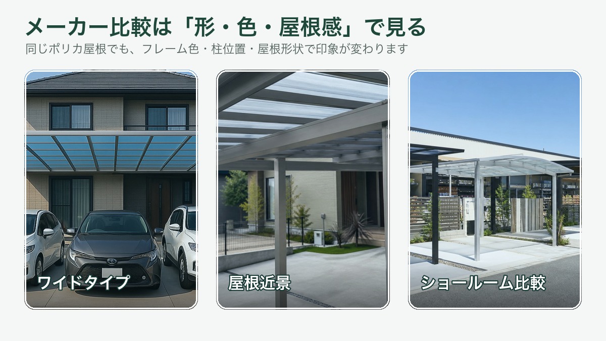 メーカー別に比較しやすいポリカーボネート屋根カーポートのデザイン違いが分かる写真