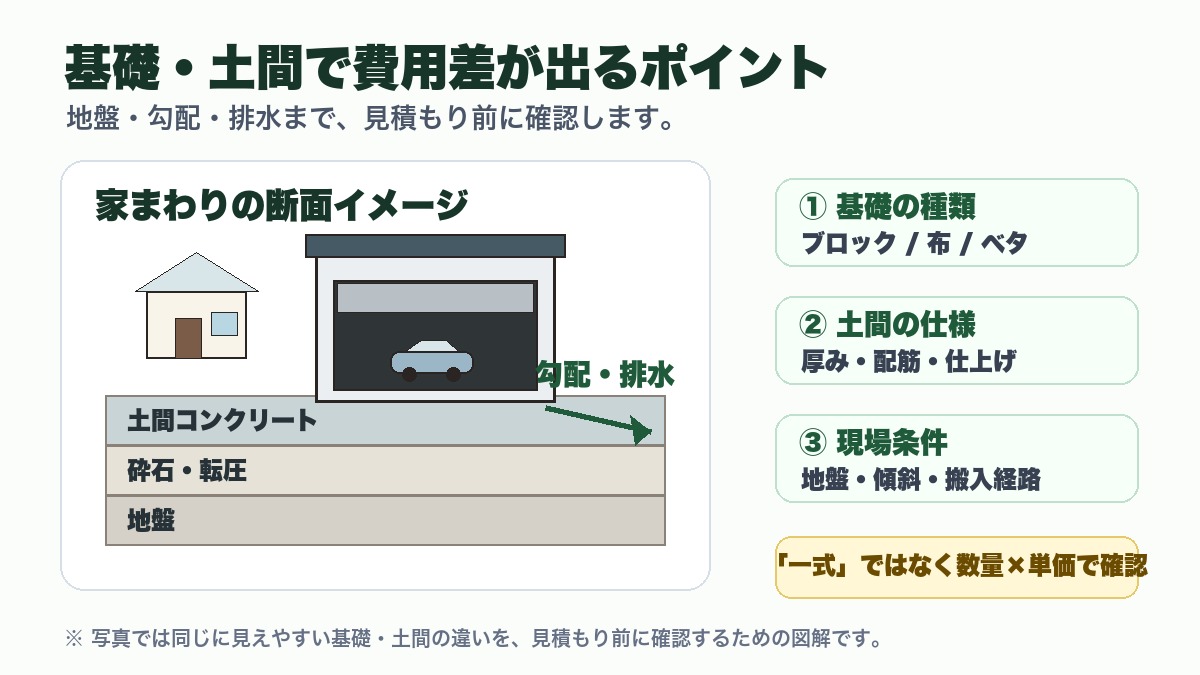 イナバガレージの基礎工事と土間コンクリートで費用差が出るポイントを見やすく整理した図解