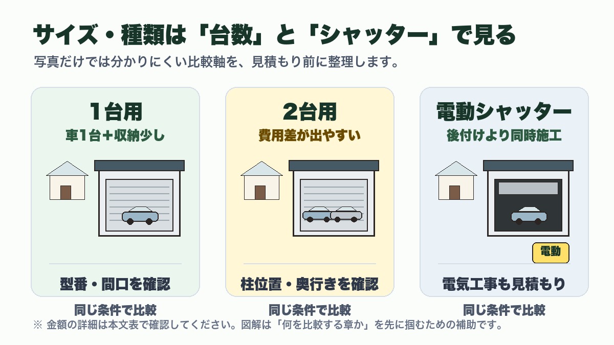 イナバガレージの1台用2台用と電動シャッターの違いを整理したサイズ種類図解