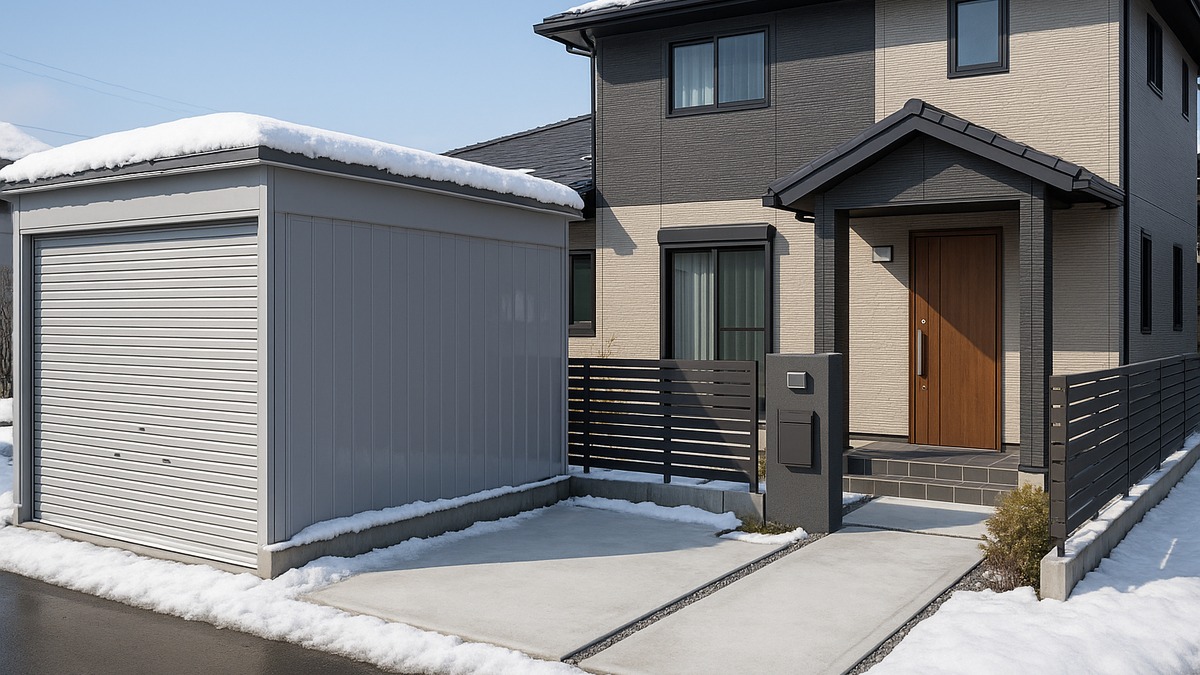 雪のある住宅外観とセットで見える耐積雪向けイナバガレージ施工例