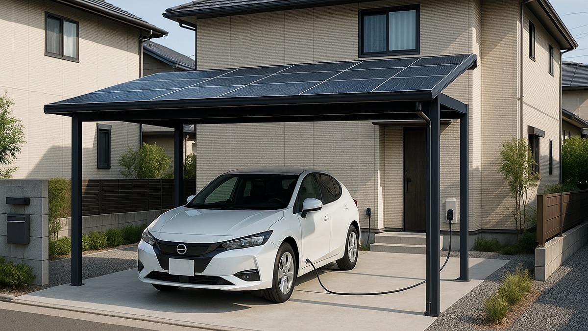 EV充電やV2H連携をイメージできるソーラーカーポートと電気自動車のある住宅外構
