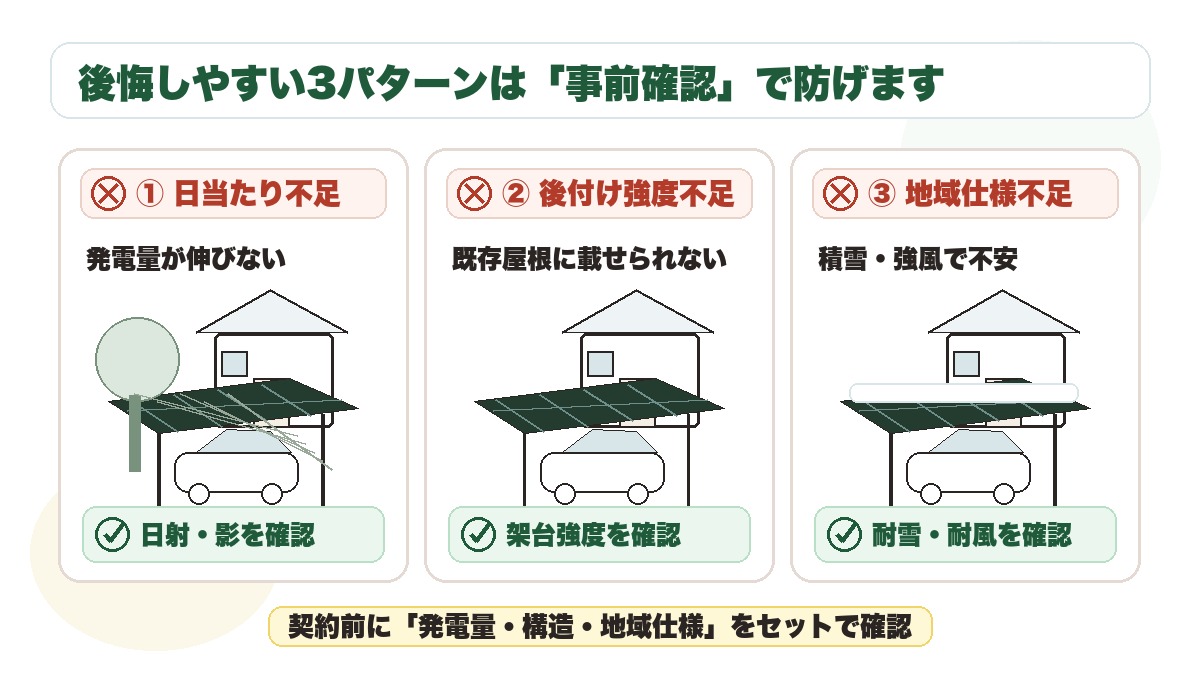 ソーラーカーポートで後悔しやすい日当たり不足・後付け強度不足・地域仕様不足を示すイラスト