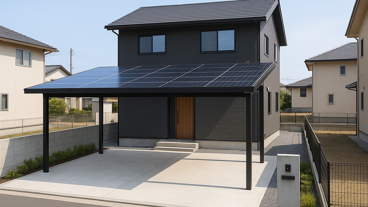 建築確認申請や固定資産税の確認前に敷地と建物との関係をイメージできるソーラーカーポート施工例