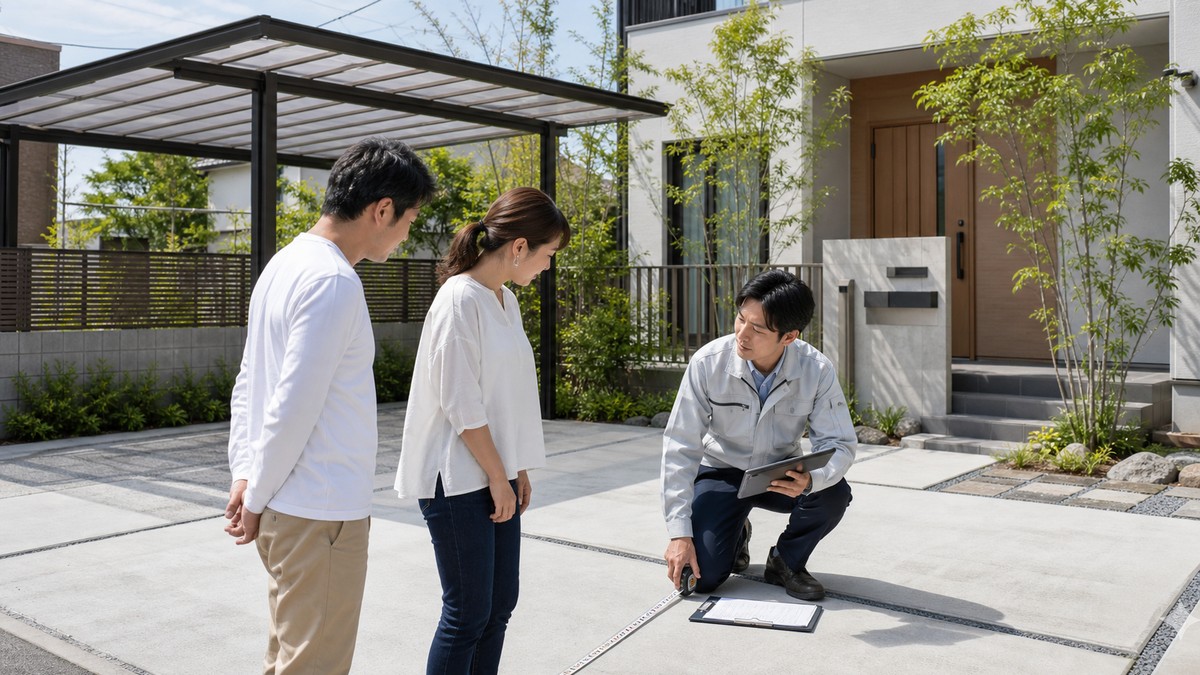 外構専門業者が現地で要望を確認しながら外構工事を提案するイメージ