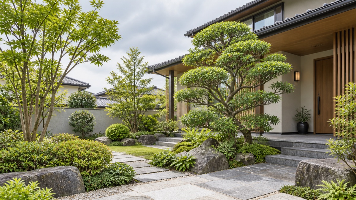 庭木を美しく剪定した住宅の庭