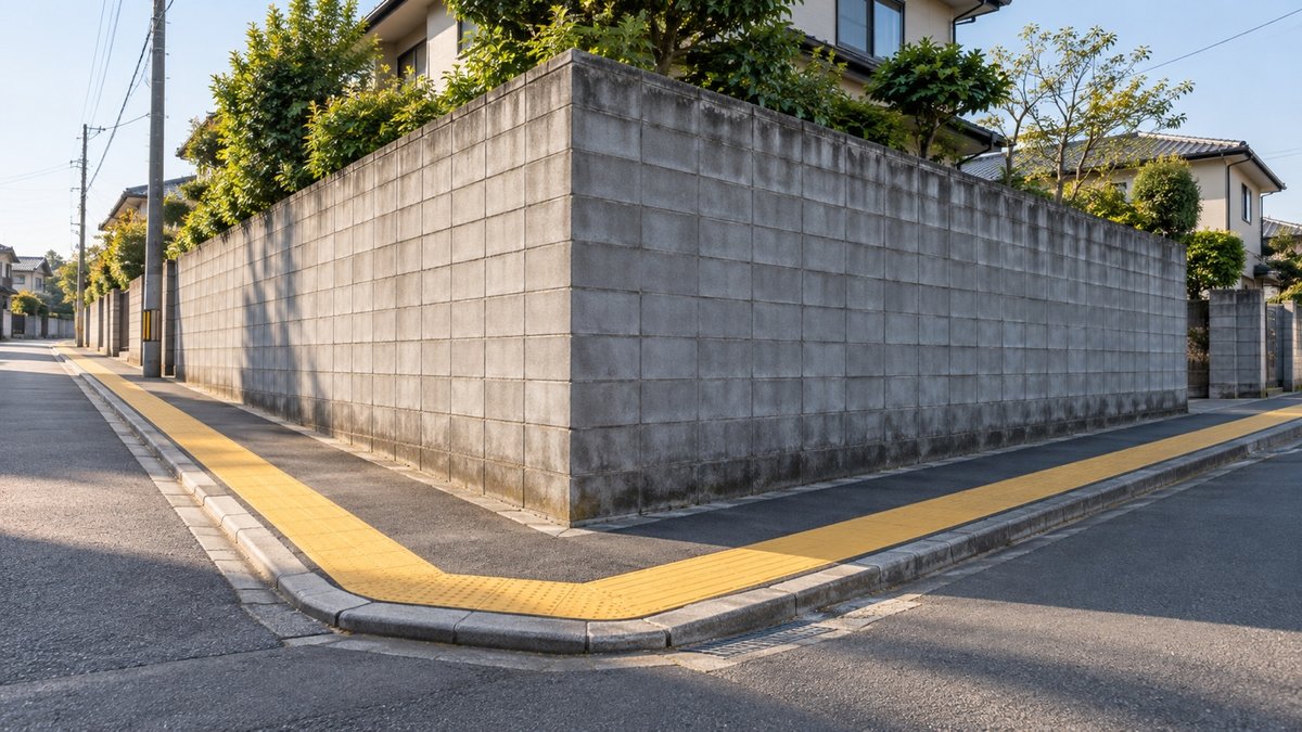 通学路の角に立つ高いブロック塀