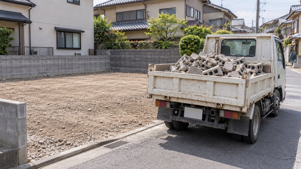 撤去後に整地された場所と、がれきを積んだ小型ダンプ