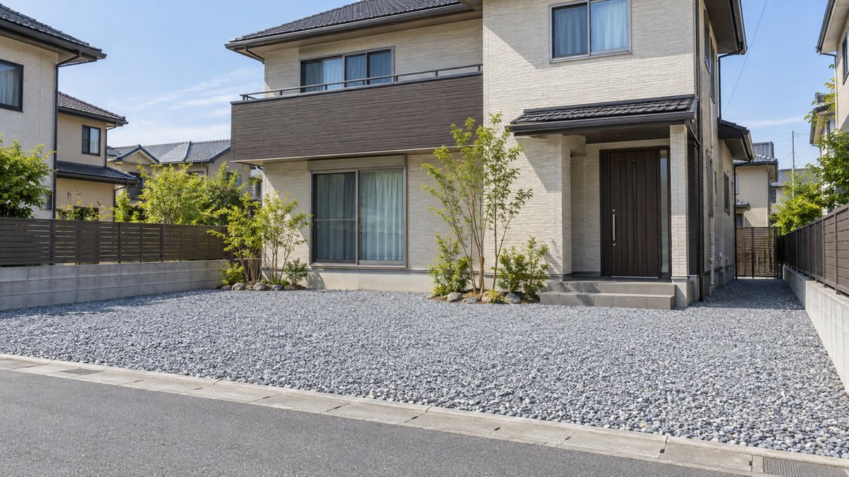 前庭一面にグレーの砕石を敷いた戸建て