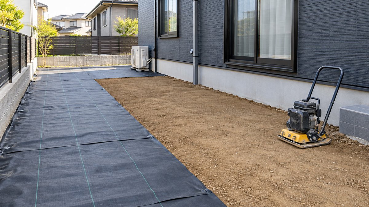 砂利を敷く前に地面をならし、防草シートを半分敷いた工事の途中